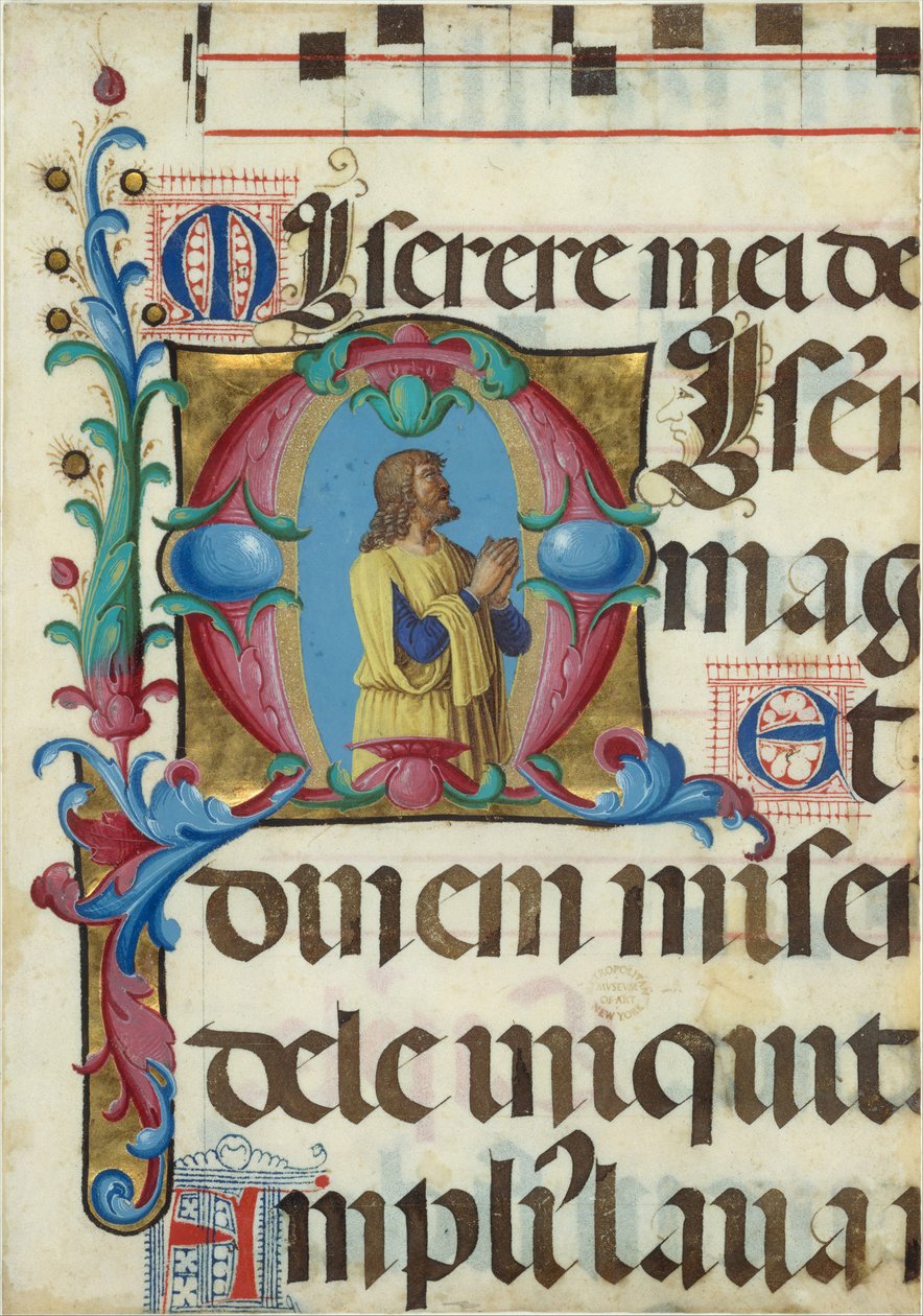Manuscriptverlichting met David in gebed in een initiaal M, uit een Psalter door Girolamo dai Libri