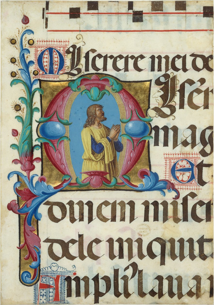 Manuscriptverlichting met David in gebed in een initiaal M, uit een Psalter door Girolamo dai Libri