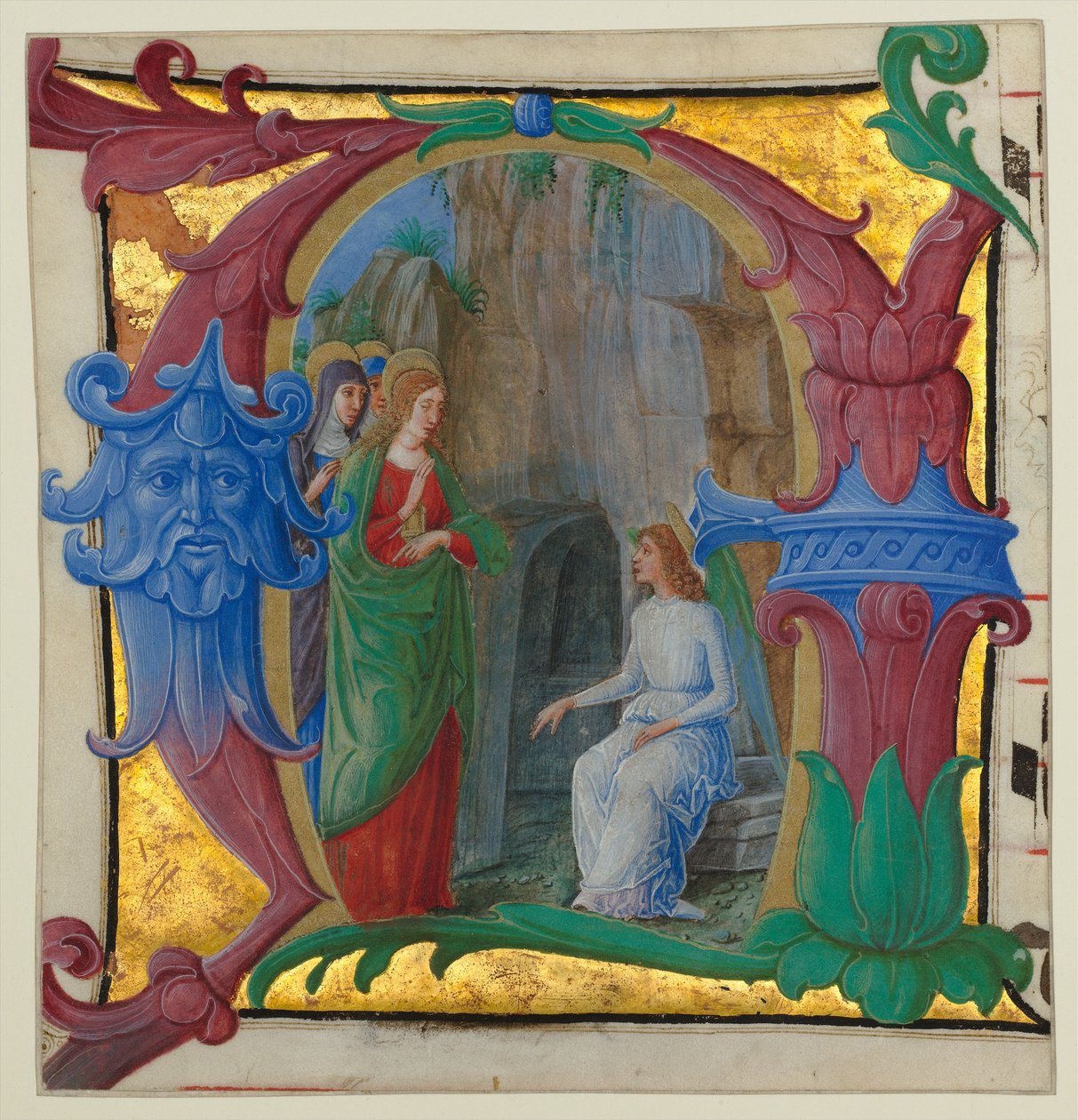 Manuscript Verlichting met de Heilige Vrouwen bij het Graf in een Initiaal A..., ca. 1490-1500 door Girolamo dai Libri