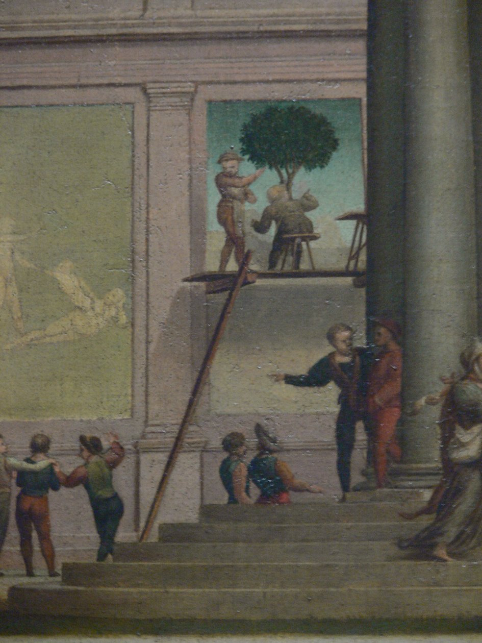 De Roof van Dina (Genesis 34). Kunsthistorisches Museum Wenen, Schilderijengalerij, Inv. Nr. 1554, Detail op de achtergrond (muurschildering op steiger) door Giuliano Bugiardini