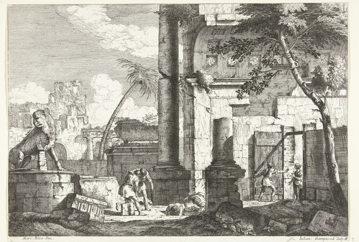 Antieke ruines met graf plunderaars en palmboom door Giuliano Giampiccoli