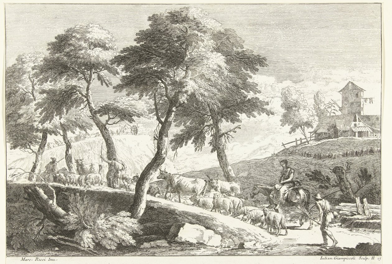 Heuvellandschap met herders en vee door Giuliano Giampiccoli