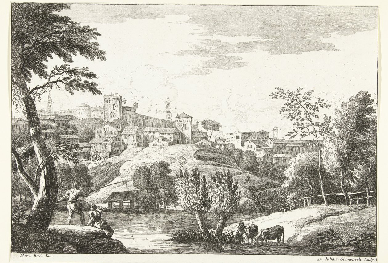 Heuvellandschap met stad en hengelaar door Giuliano Giampiccoli