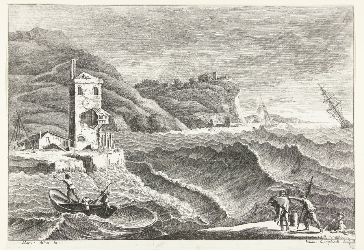 Kustlandschap met storm op zee en vuurbaken door Giuliano Giampiccoli