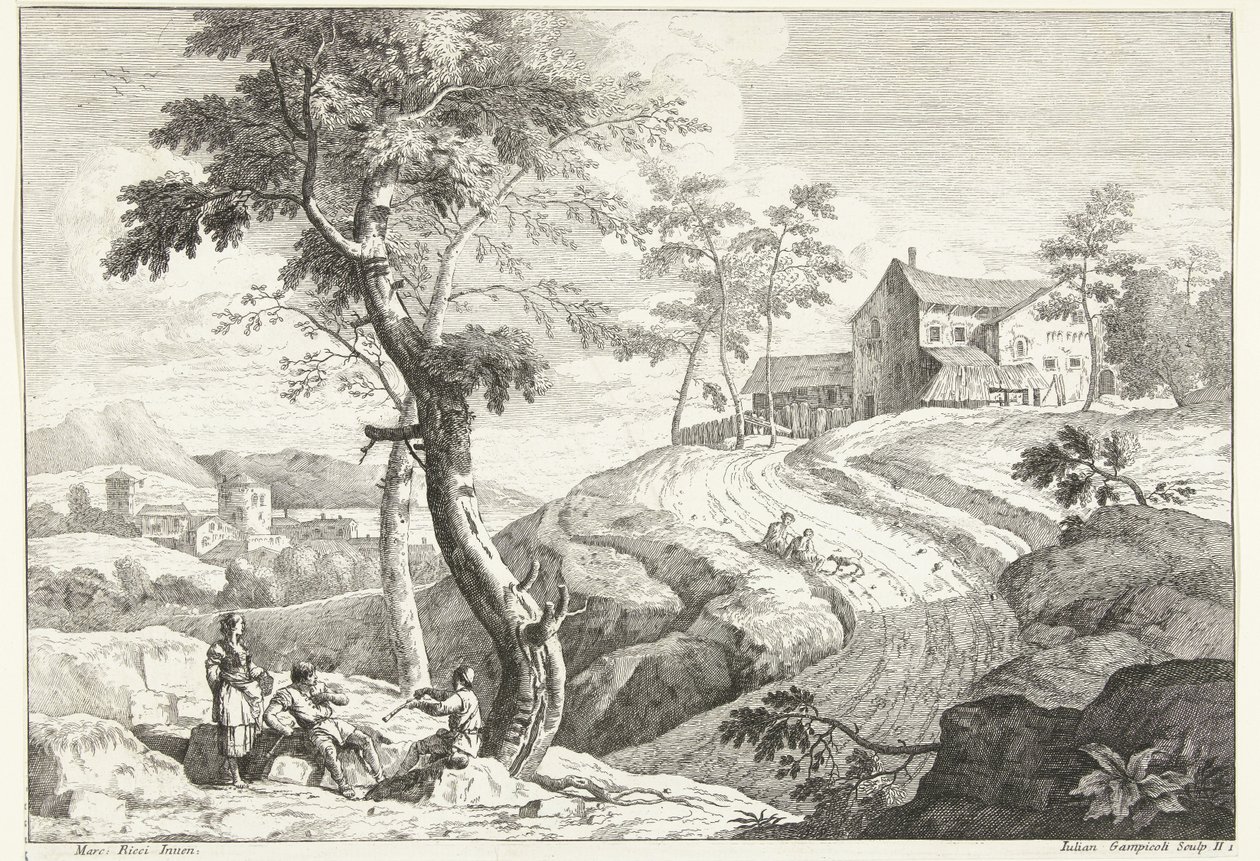 Landschap met fluitspelers bij boom door Giuliano Giampiccoli