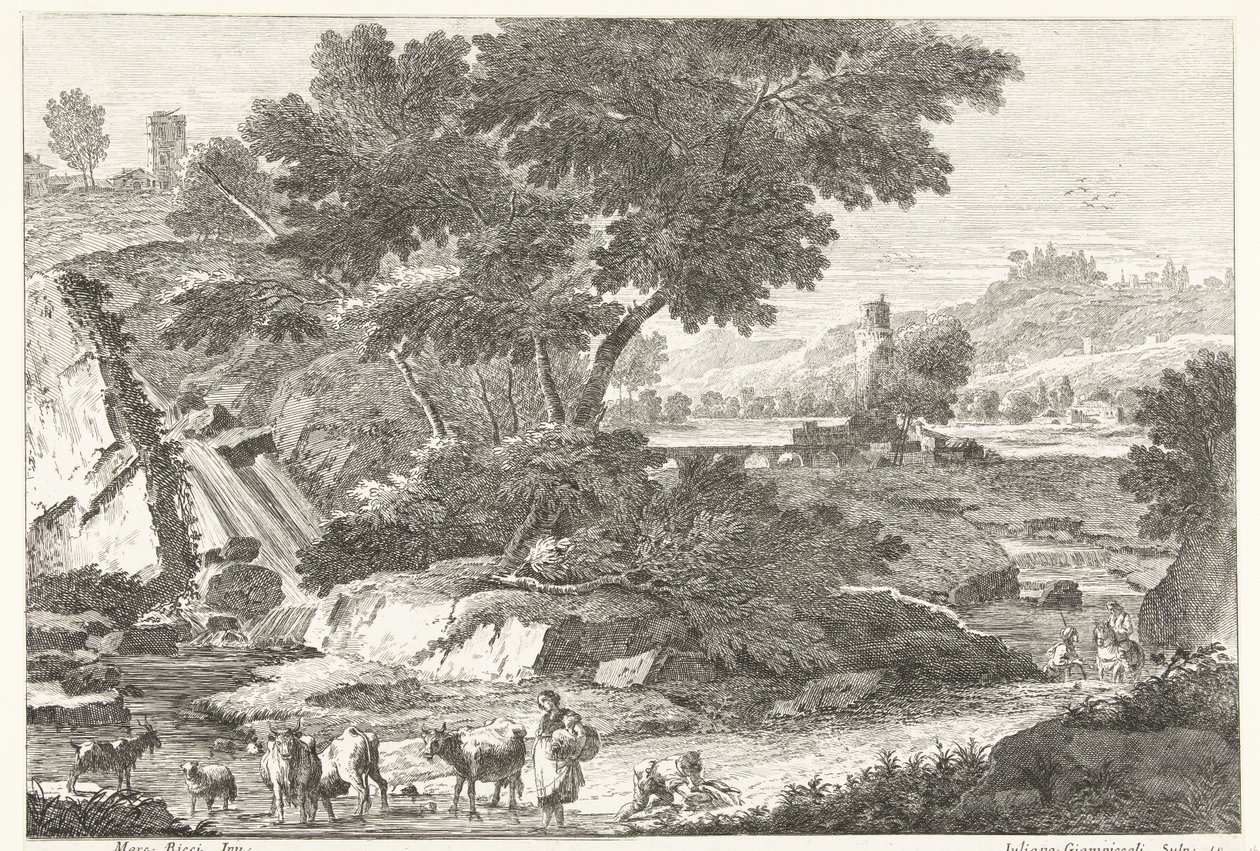 Landschap met herders en vee bij waterval door Giuliano Giampiccoli