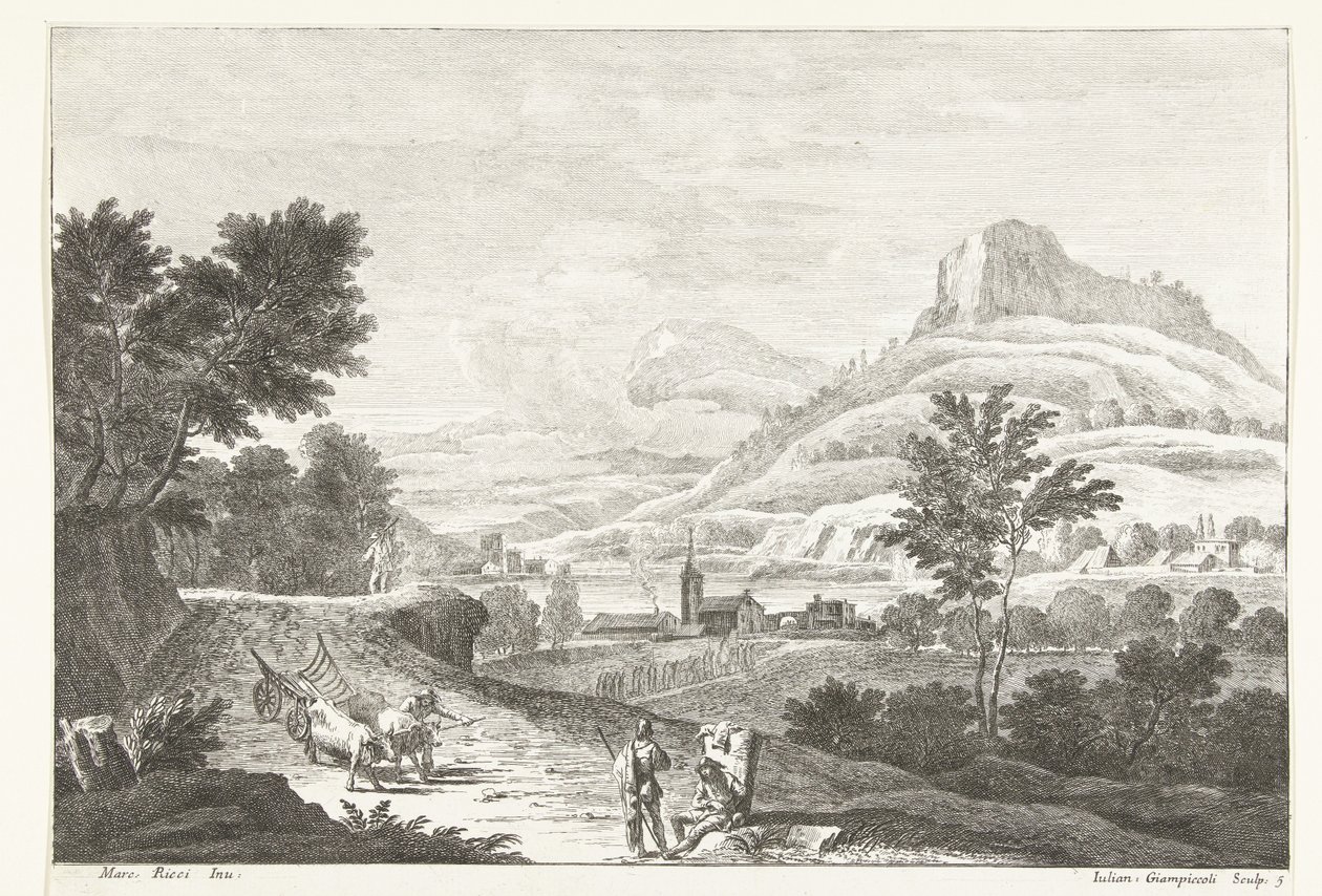 Landschap met ossenkar en begrafenis door Giuliano Giampiccoli