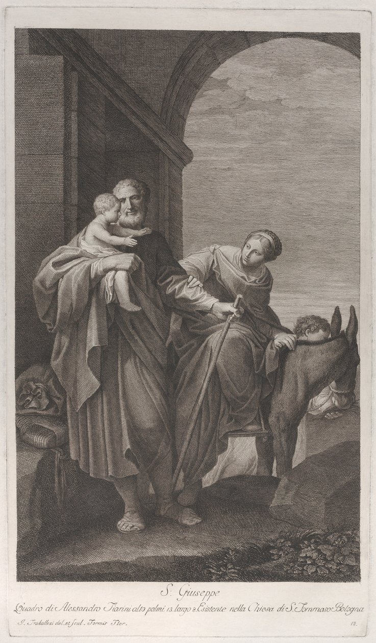 Sint Jozef draagt het Christuskind tijdens de vlucht naar Egypte door Giuliano Traballesi