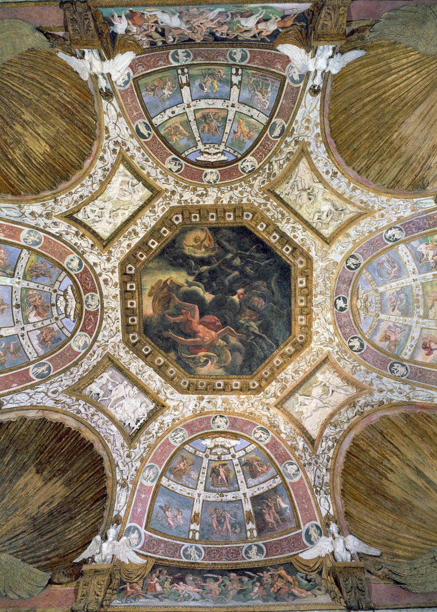 Camera delle Aquile, plafond met de val van Icarus in het centrale paneel omgeven door stucdecoratie van putti en lunetten met mythologische scènes, 1528 door Giulio Romano