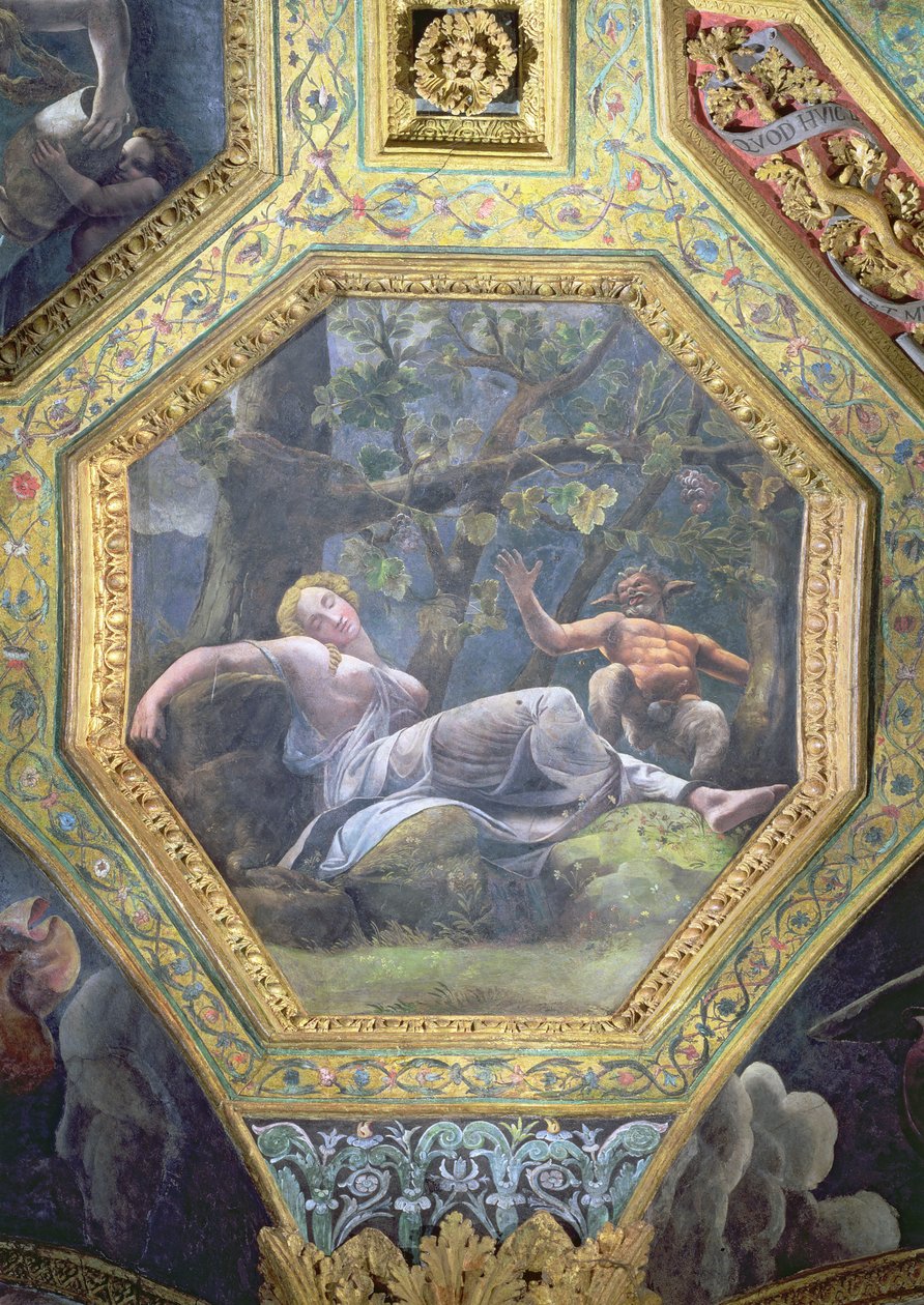 Psyche slapend in de vallei van Cupido, plafondcassette uit de Sala di Amore e Psiche, 1528 door Giulio Romano