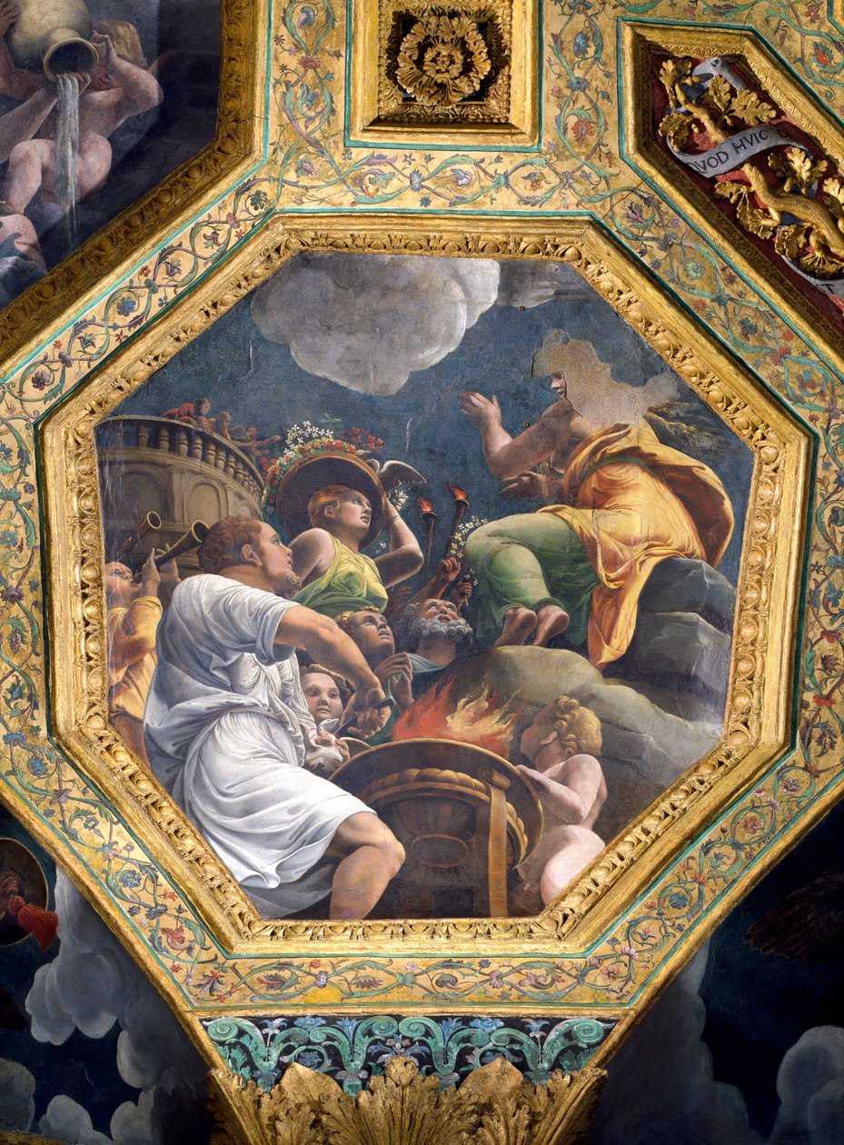 Scène van het offer van een duif, plafondcassette uit de Sala di Amore e Psiche, 1528 door Giulio Romano