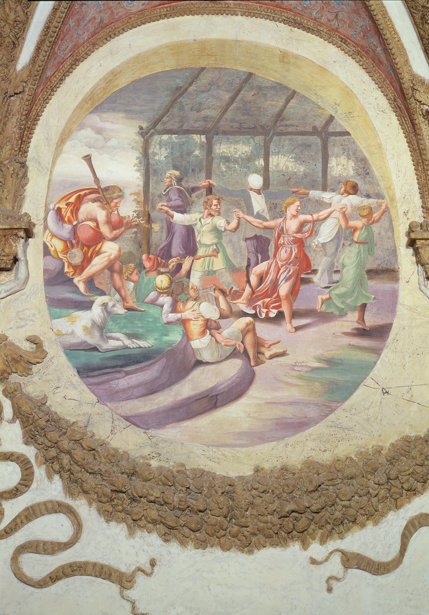 Scène die toont dat degenen die geboren zijn onder het teken van Ram in combinatie met het sterrenbeeld van de Geit een aanleg hebben voor het spelen van de zampogna en een neiging tot amoureuze passies door Giulio Romano
