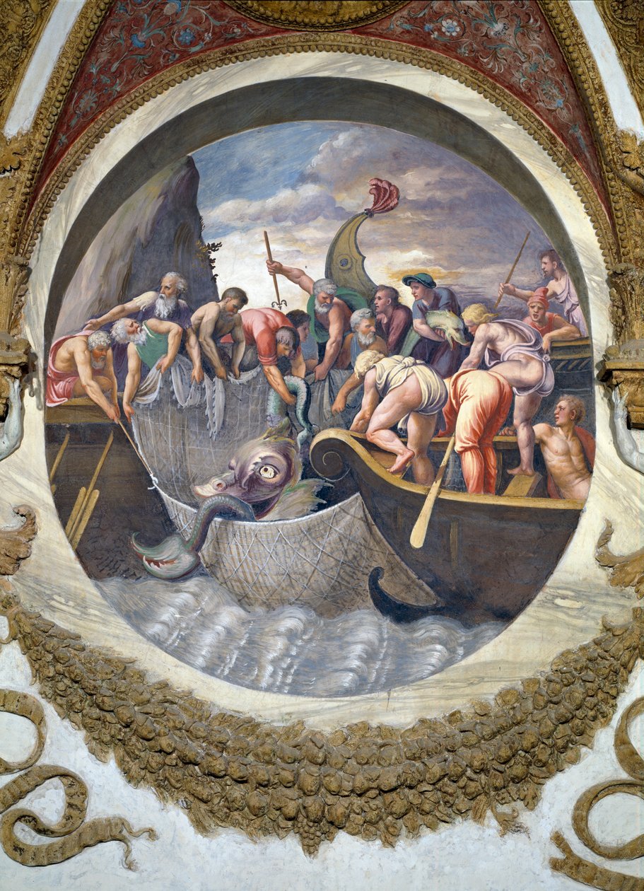 Scène die laat zien dat degenen die geboren zijn onder het teken Vissen in combinatie met het sterrenbeeld Belua bedreven zijn in vissen, gesymboliseerd door het vangen van een zeemonster, uit de Camera dei Venti, 1528 door Giulio Romano