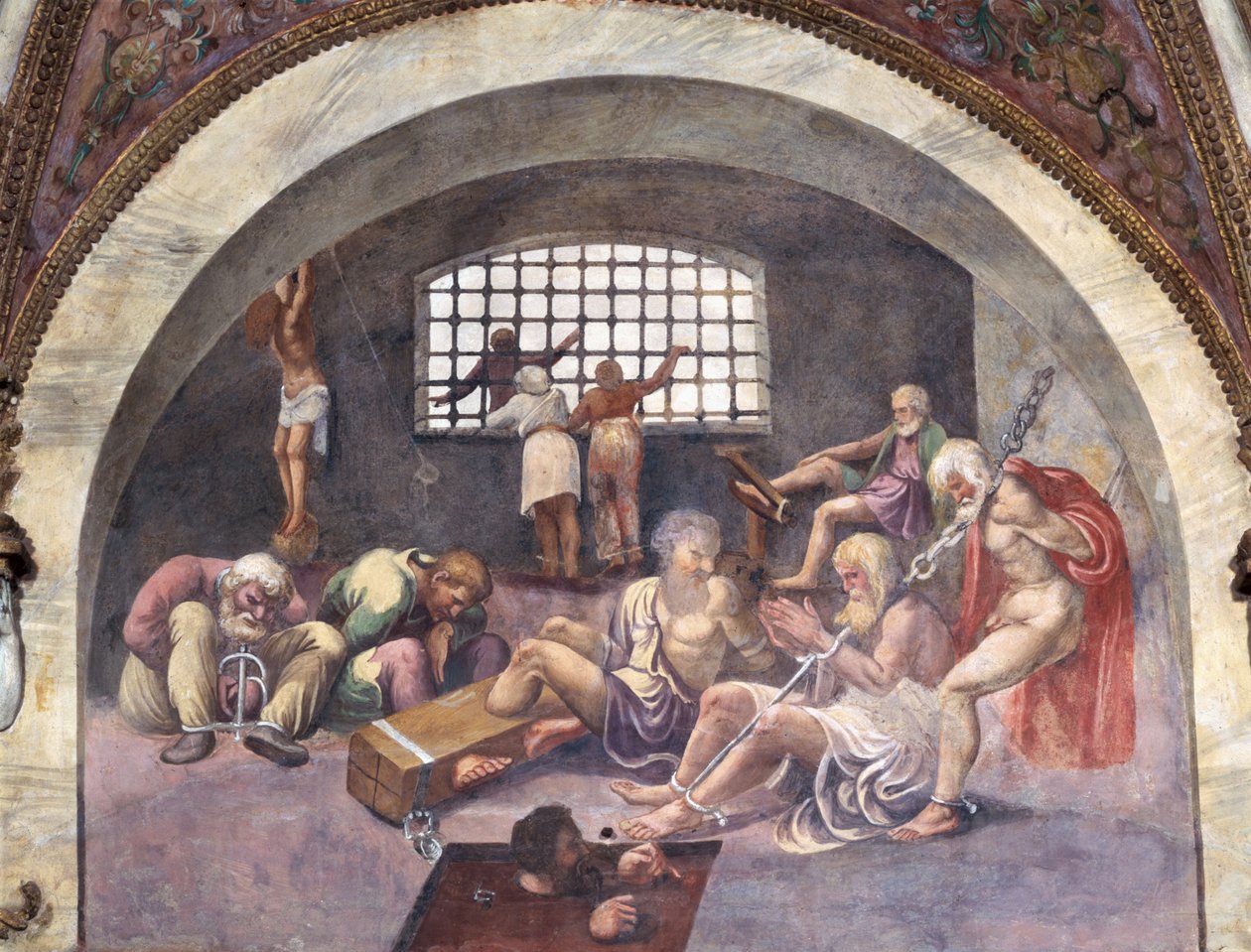 Scène die laat zien dat degenen die geboren zijn onder het teken Boogschutter in combinatie met het ondergaande sterrenbeeld Arcturus tot ernstige misdaden zullen worden geleid, gesymboliseerd door geketende gevangenen door Giulio Romano