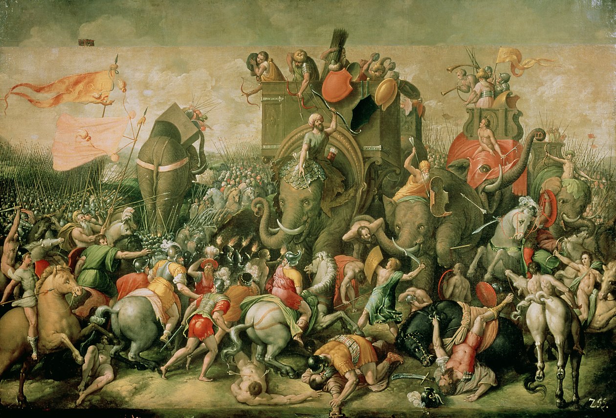 De slag bij Zama, 202 v.Chr., 1570-80 door Giulio Romano