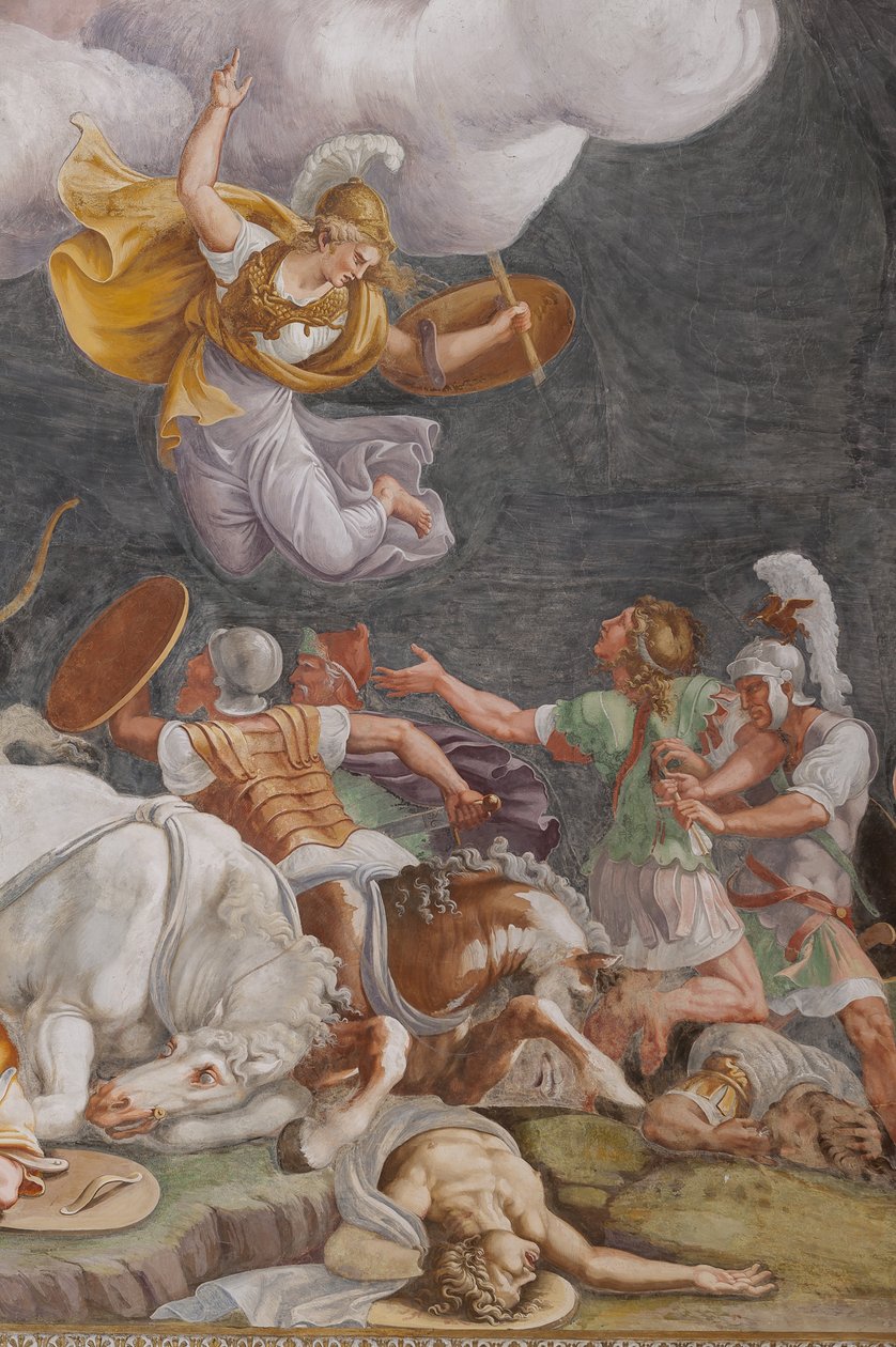Een gevecht, detail, Het Trojaanse paard, Kamer van Troje door Giulio (and workshop) Romano