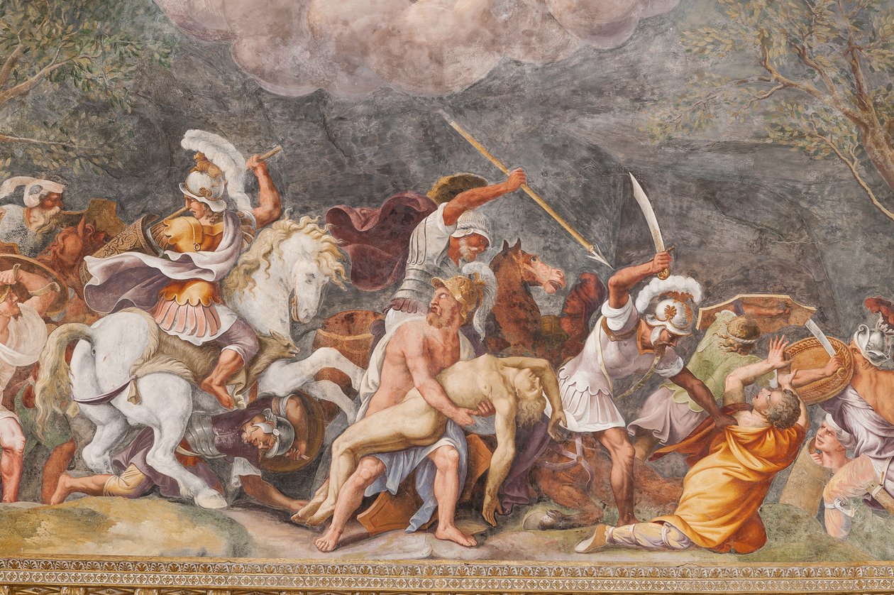 Ajax beschermt het lijk van Patroclus tijdens de slag om Troje, Het Paard van Troje, Kamer van Troje (Sala di Troia) door Giulio (and workshop) Romano