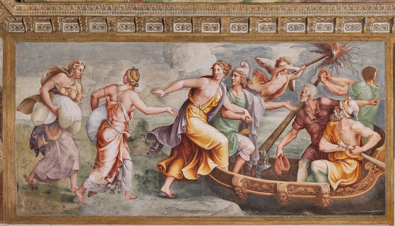 De ontvoering van Helena, Het Paard van Troje, Kamer van Troje (Sala di Troia) door Giulio (and workshop) Romano