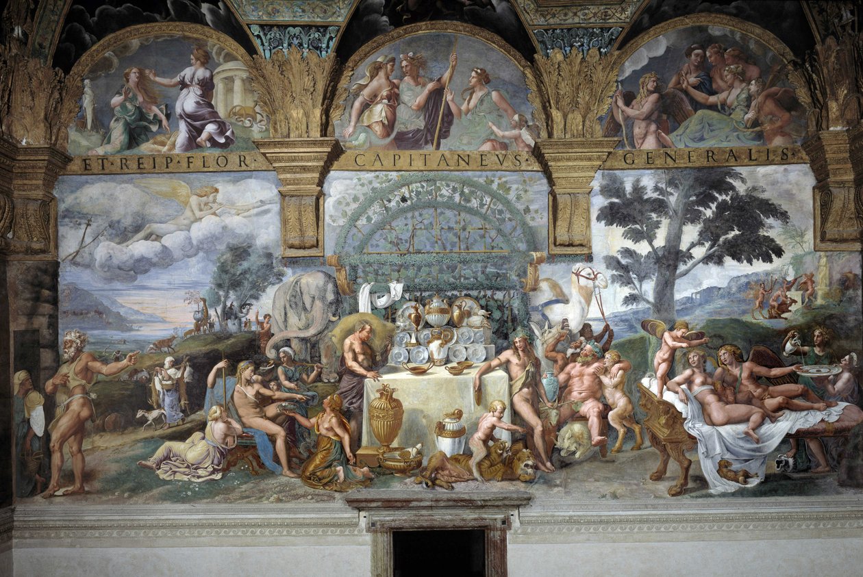 Het edele banket ter viering van het huwelijk van Cupido en Psyche, zuidmuur van de Kamer van Cupido en Psyche, ca. 1527-31 (fresco) door Giulio (and workshop) Romano
