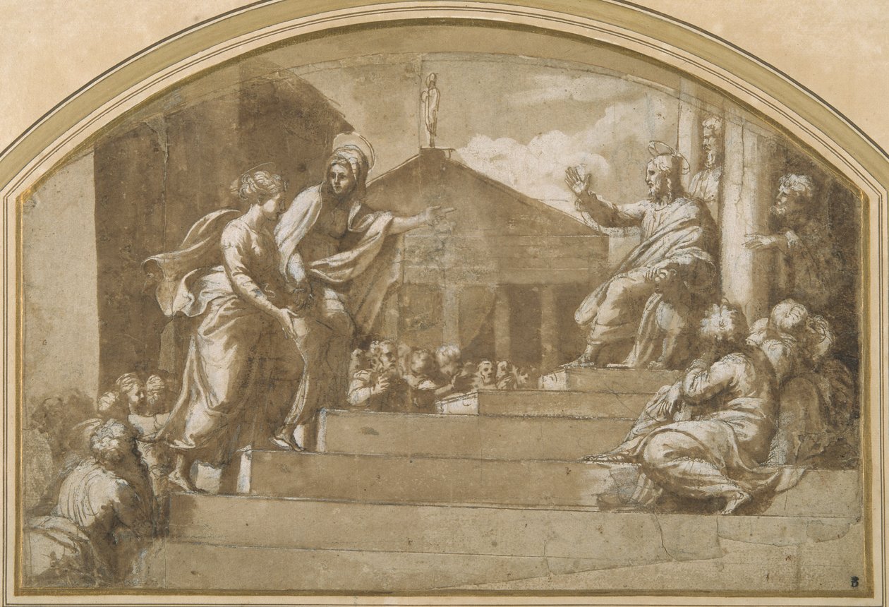 Martha brengt Maria Magdalena naar Christus door Giulio (attr. to) Romano