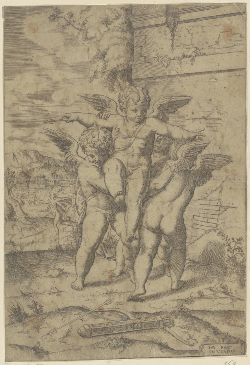 Amor en drie putti door Giulio Bonasone (attributed to)