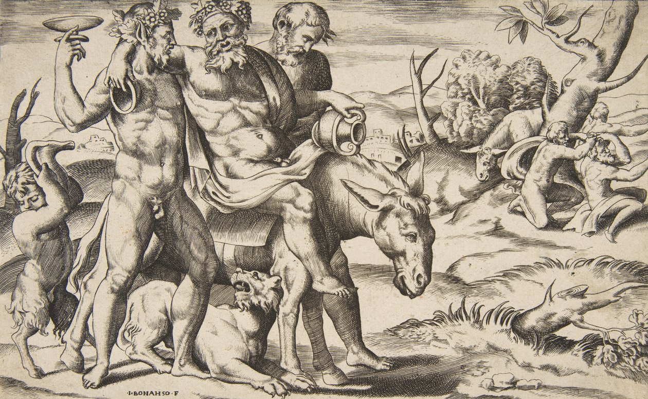 Een Dronken Silenus Rijdend op een Ezel Ondersteund door Satyrs door Giulio Bonasone