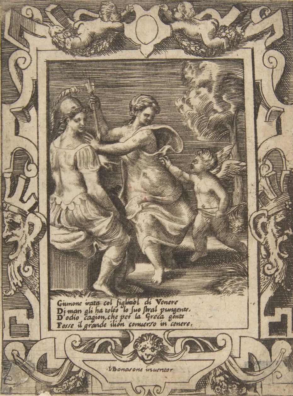 Athena zittend bij Juno die de pijlen van Cupido heeft weggenomen, binnen een uitgebreide lijst door Giulio Bonasone