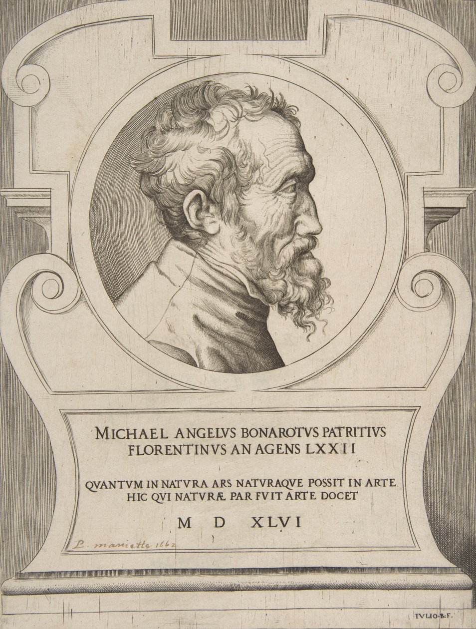 Borstbeeld portret van Michelangelo naar rechts, binnen een cartouche door Giulio Bonasone