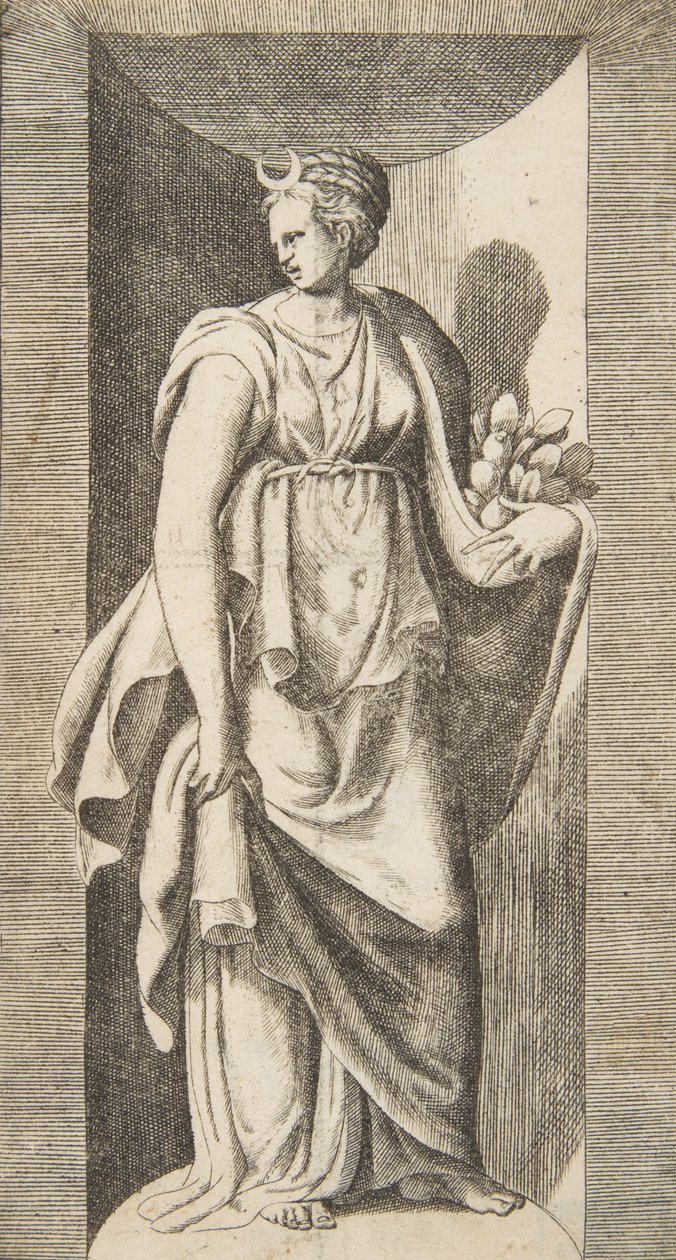 Diana die fruit in haar linkerhand houdt, staand in een nis, ca. 1531-76 door Giulio Bonasone