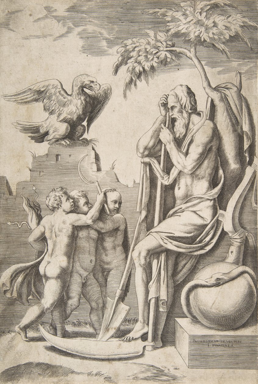 Vader Tijd rechts leunend op een zeis, drie naakte jongens en adelaar links, 1531-76 door Giulio Bonasone