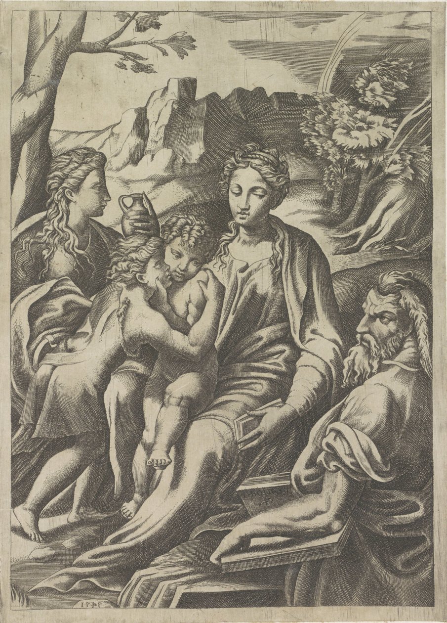 Heilige Familie met de jonge Johannes de Doper en Maria Magdalena door Giulio Bonasone
