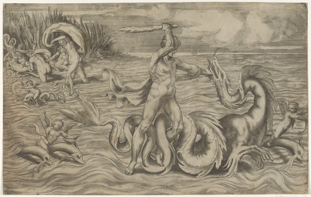 Hercules worstelt met Acheloüs door Giulio Bonasone