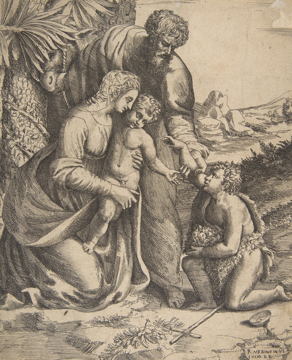 Heilige Familie met Sint Jan de Doper die rechts knielt, 1531-76 door Giulio Bonasone