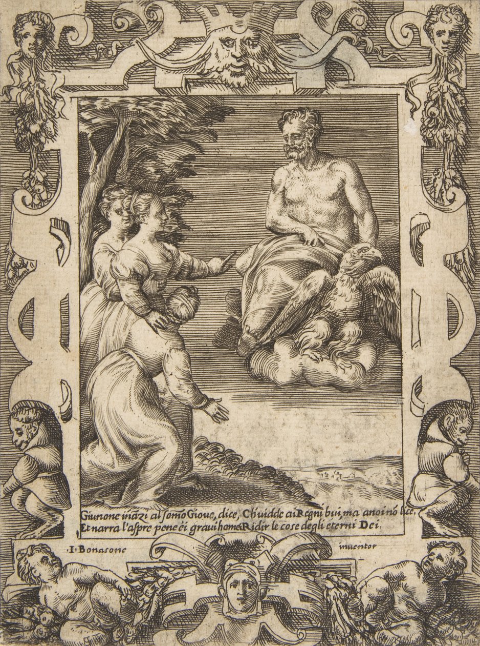Juno links vraagt Jupiter om de Grieken te helpen, binnen een uitgebreide lijst, 1531-76 door Giulio Bonasone