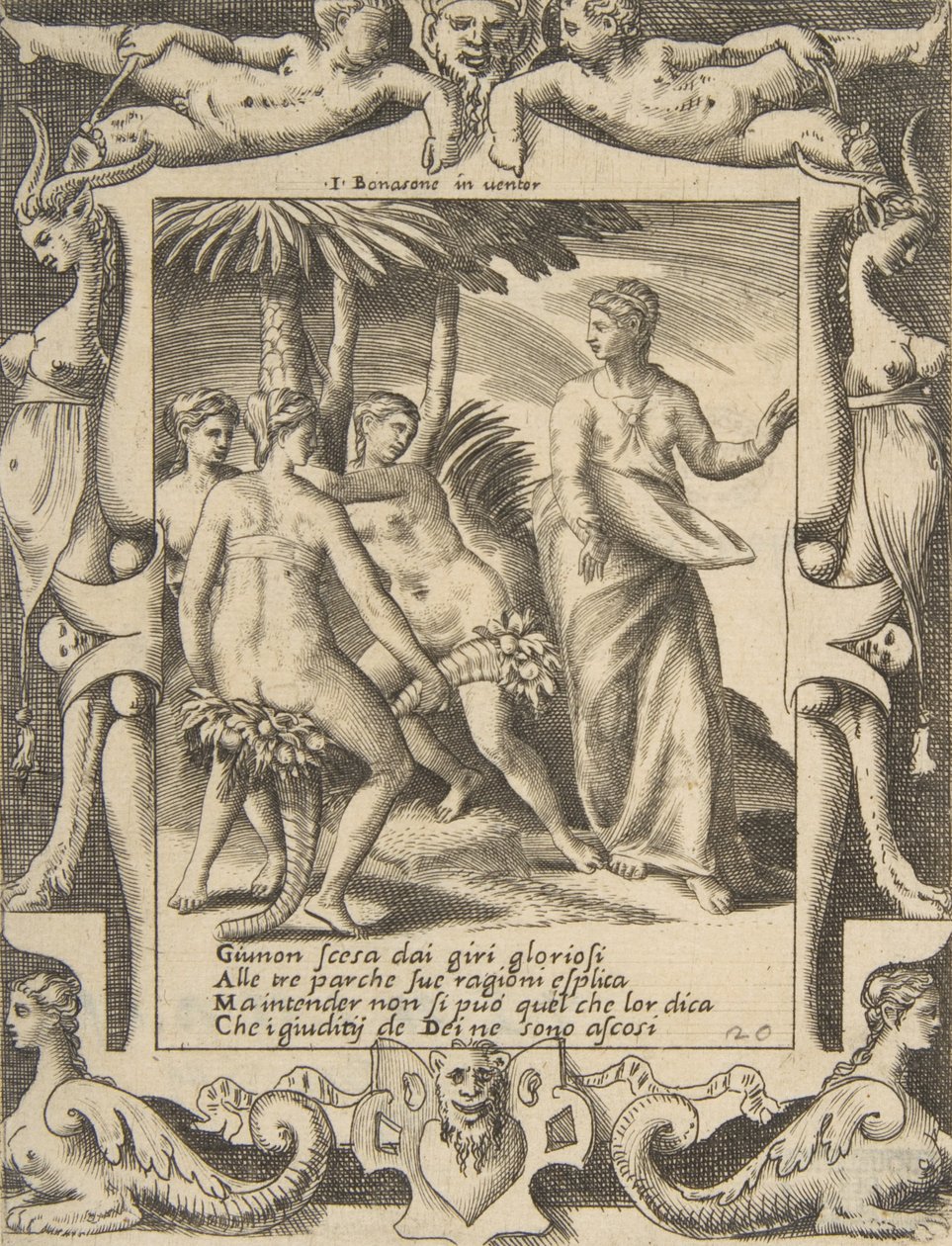 Juno rechts draaiend en sprekend tot de Schikgodinnen, binnen een sierlijk kader, 1531-76 door Giulio Bonasone