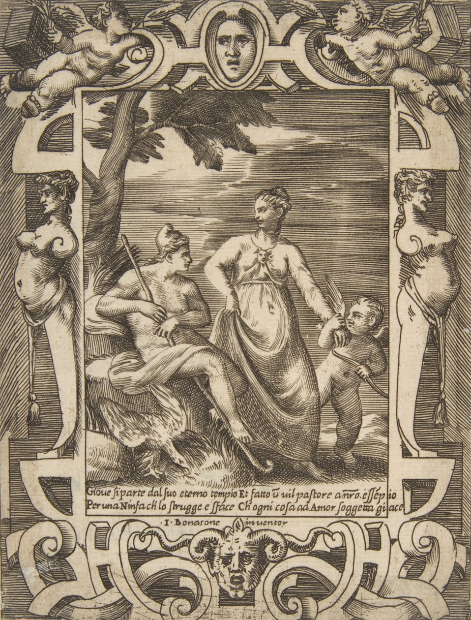 Jupiter links in de vorm van een herder vergezeld door Mnemosyne, binnen een uitgebreide..., 1531-1576 door Giulio Bonasone