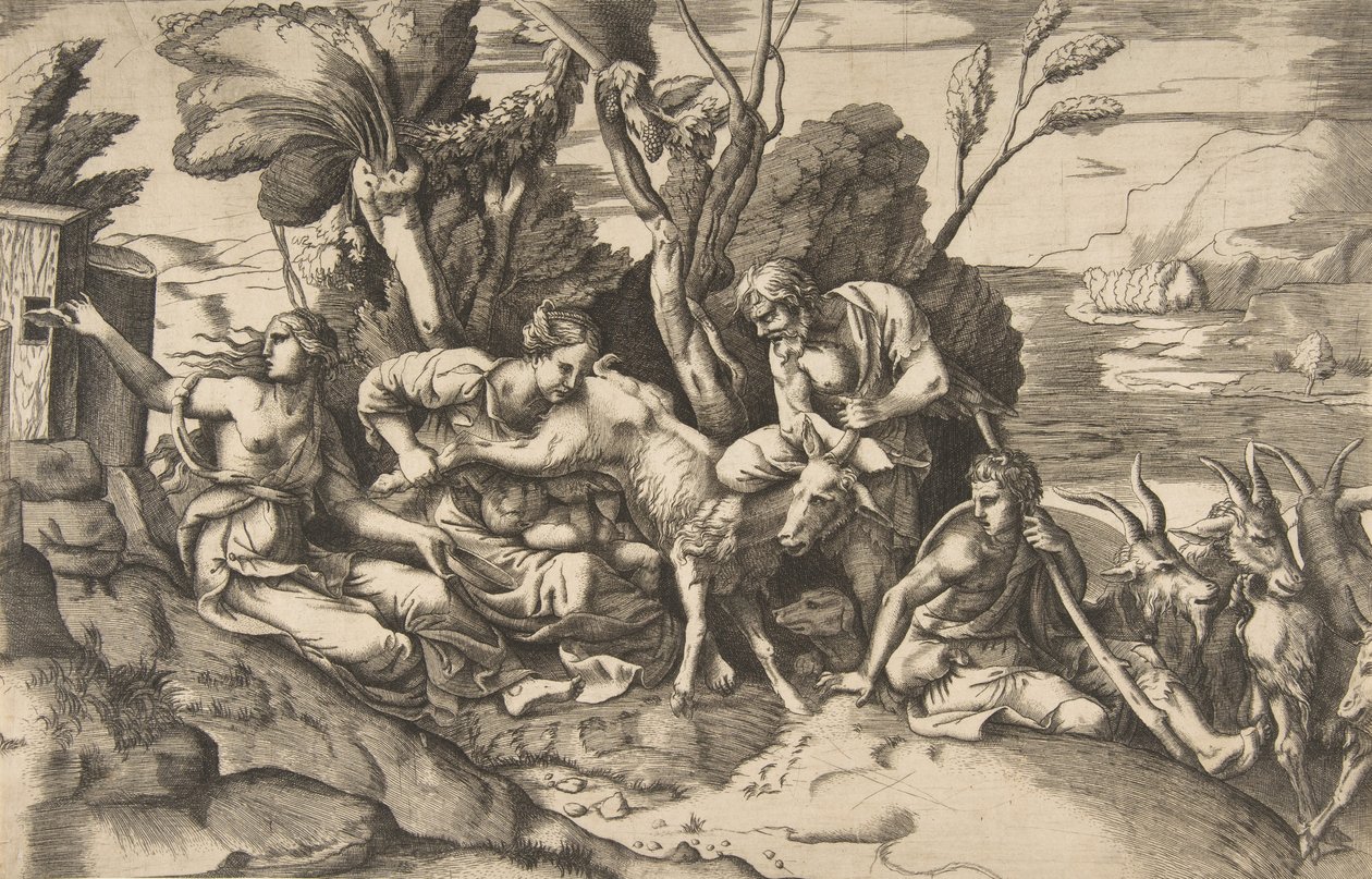Jupiter gezoogd door de geit Amalthea, 1531-76 door Giulio Bonasone