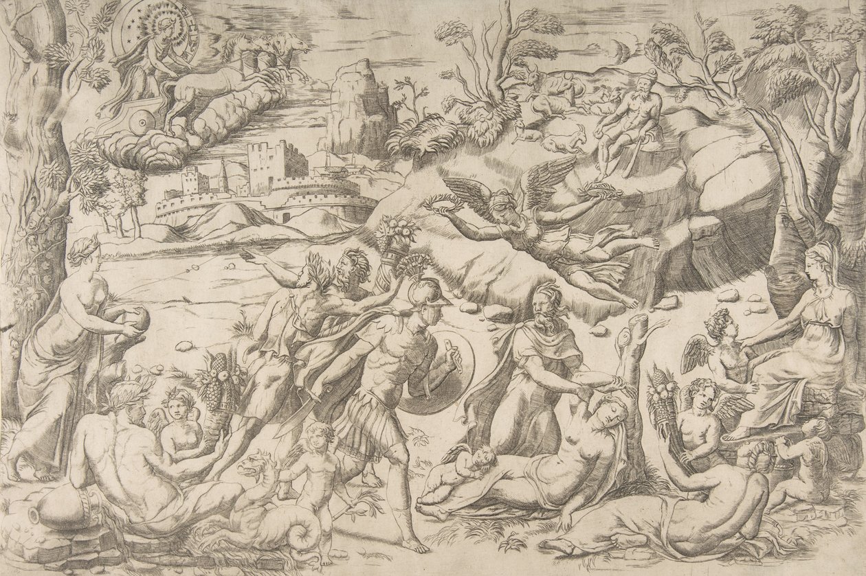 Mars en Rhea Silvia: in het midden houdt Mars een schild en zwaard, Rhea Silvia slaapt, ca. 1531-76 door Giulio Bonasone