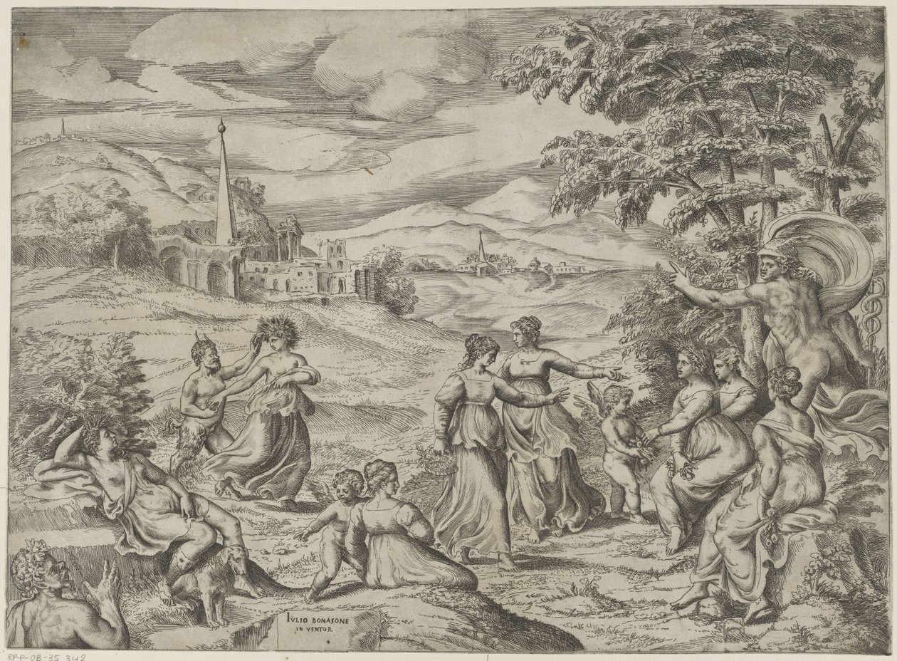 Mercurius vertelt het verhaal van Pan en Syrinx door Giulio Bonasone