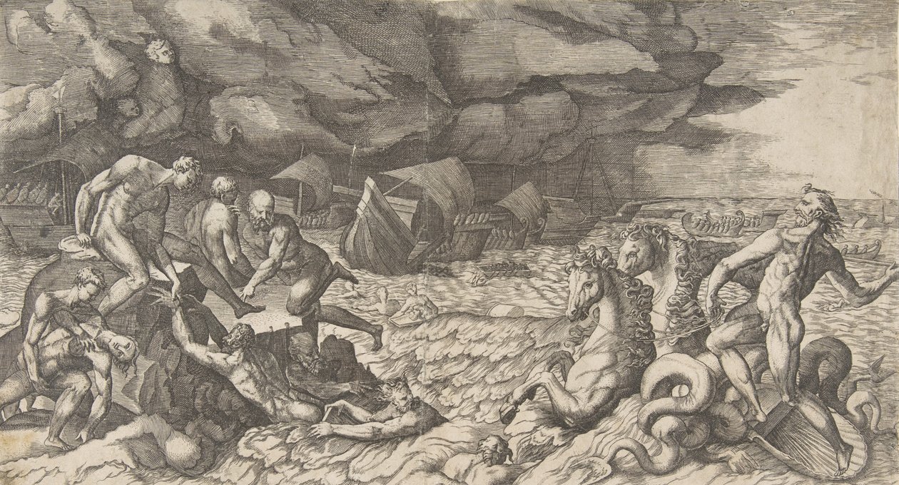 Neptunus kalmeert de storm die Aeolus tegen de vloot van Aeneas heeft opgewekt, 1531-76 door Giulio Bonasone