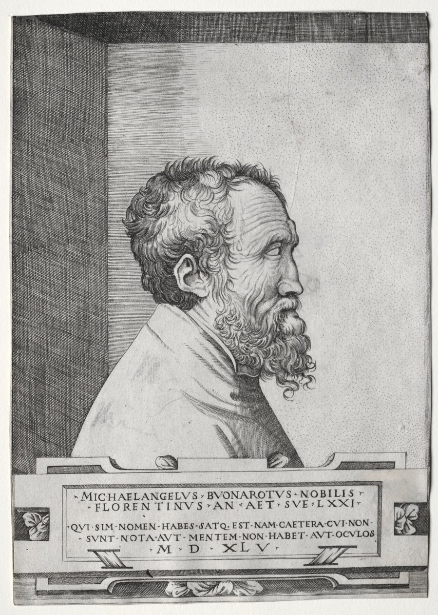 Portret van Michelangelo in profiel naar rechts door Giulio Bonasone