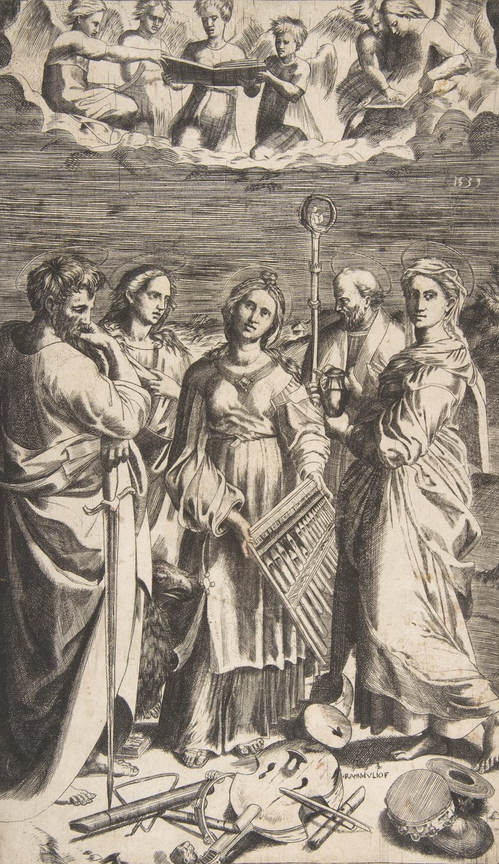 Sint Cecilia in het midden vergezeld door Sint Paulus, de Magdalena, Sint Johannes door Giulio Bonasone
