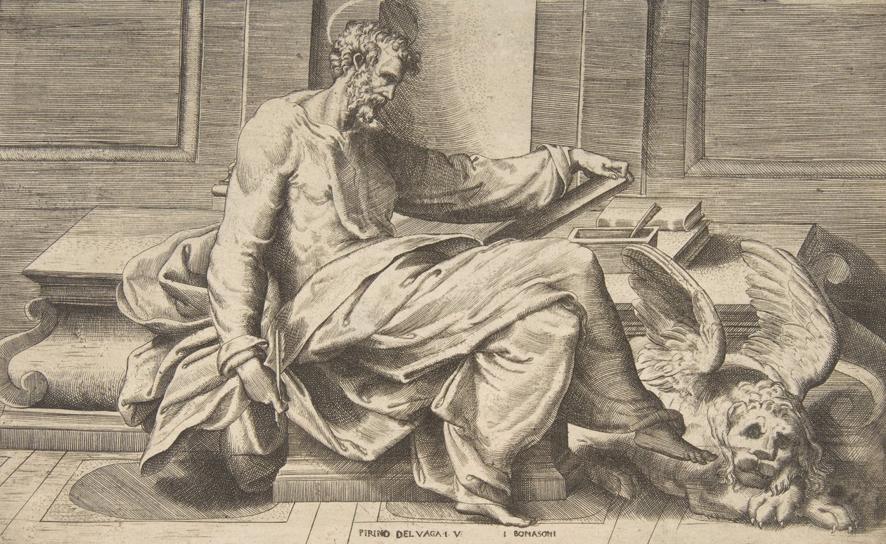 Sint Marcus schrijft zijn evangelie, gevleugelde leeuw rechts, 1531-76 door Giulio Bonasone