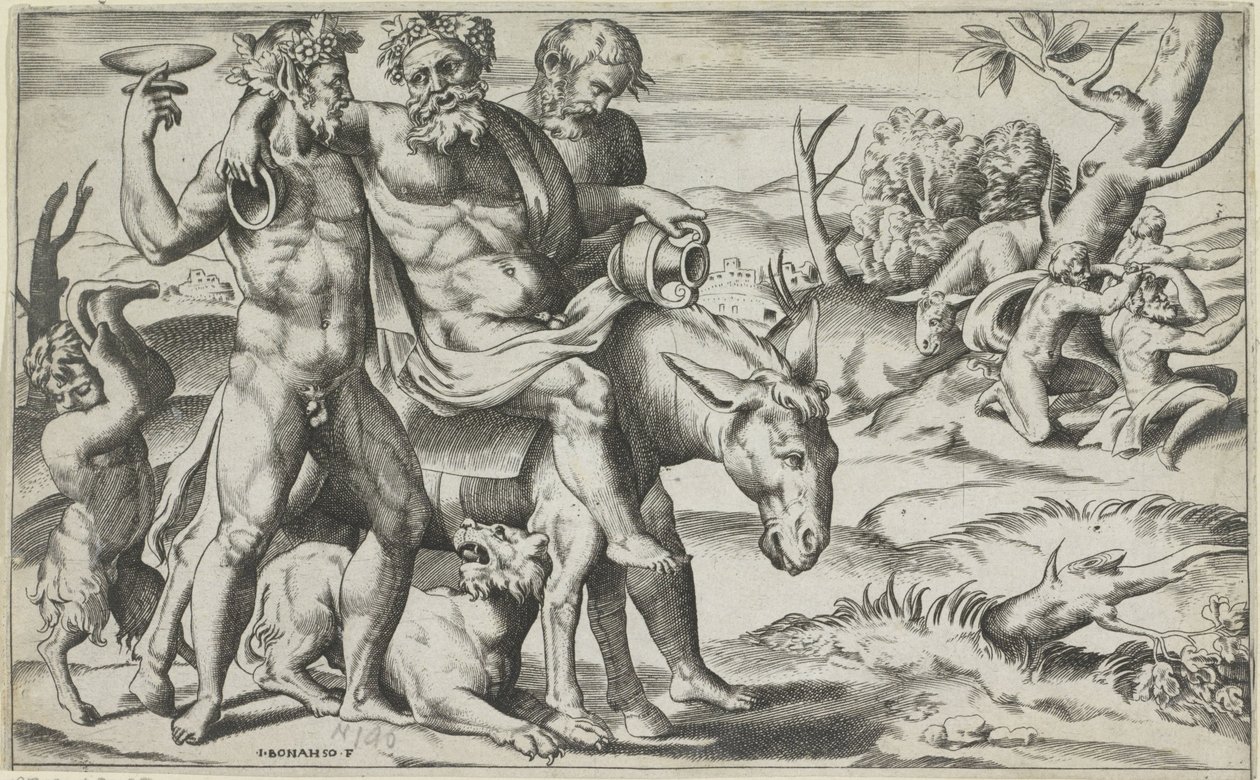 Silenus rijdend op een ezel door Giulio Bonasone