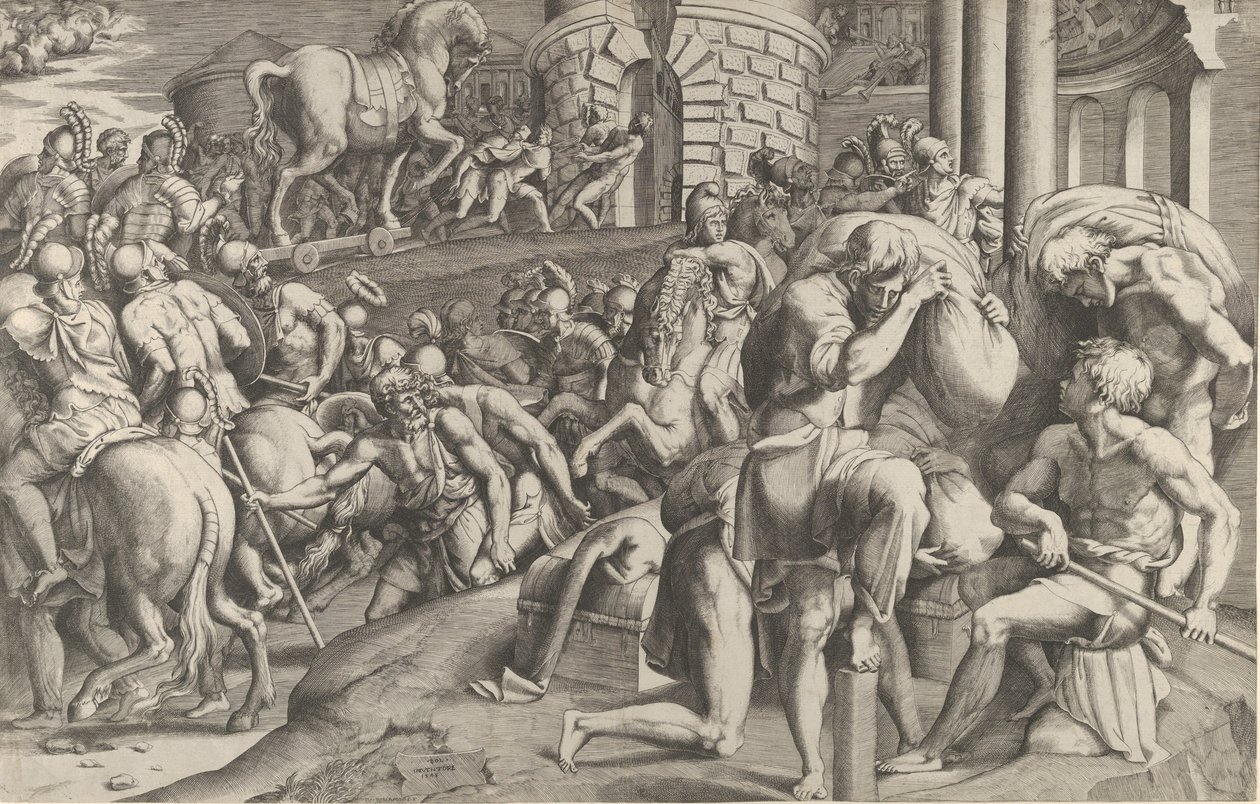 De Trojanen slepen het houten paard Troje binnen, 1545 door Giulio Bonasone
