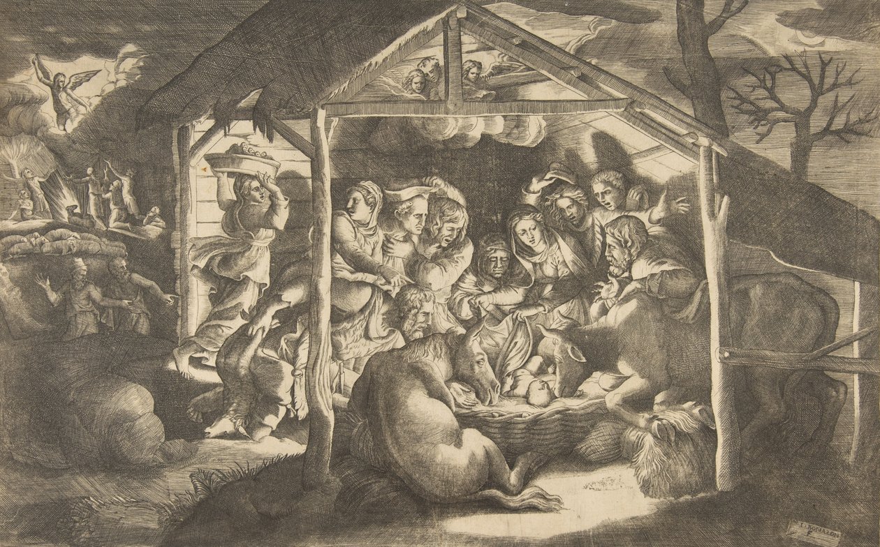 De aanbidding van de herders, verschillende figuren rondom het Christuskind in het cen... door Giulio Bonasone