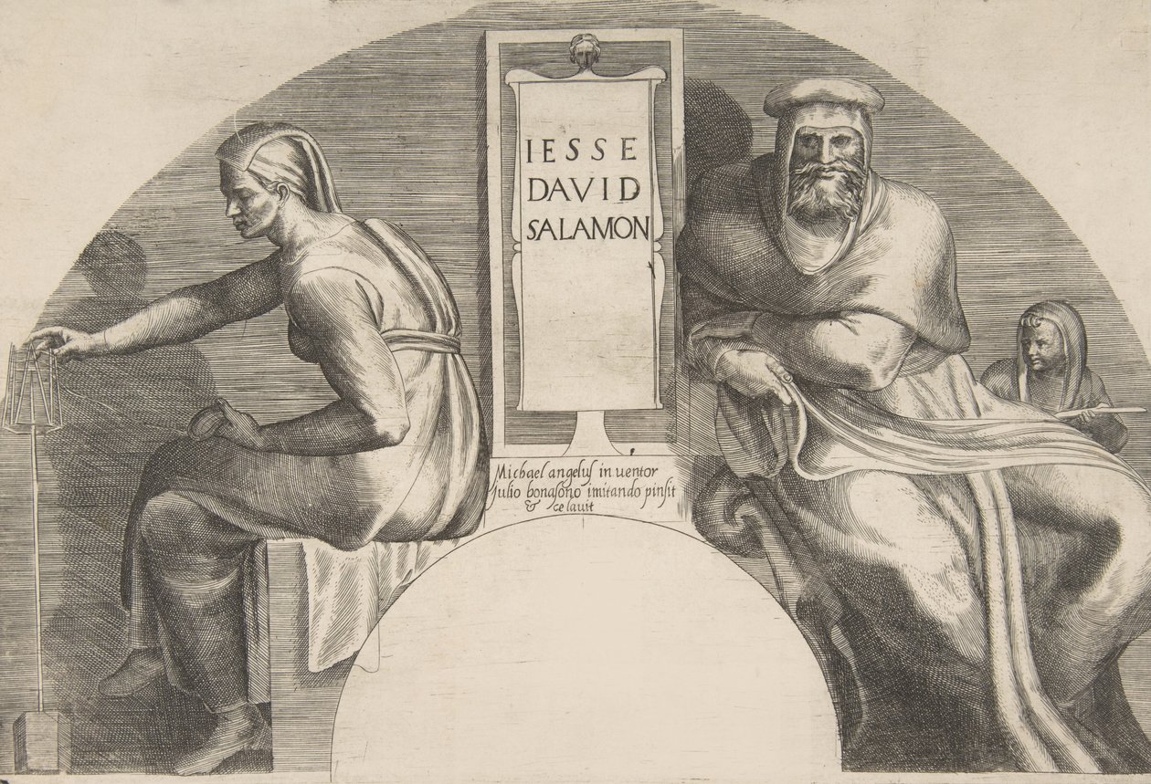 De voorouders van Christus flankeren een ingeschreven tablet, een compositie met een gebogen top, 1531-76 door Giulio Bonasone