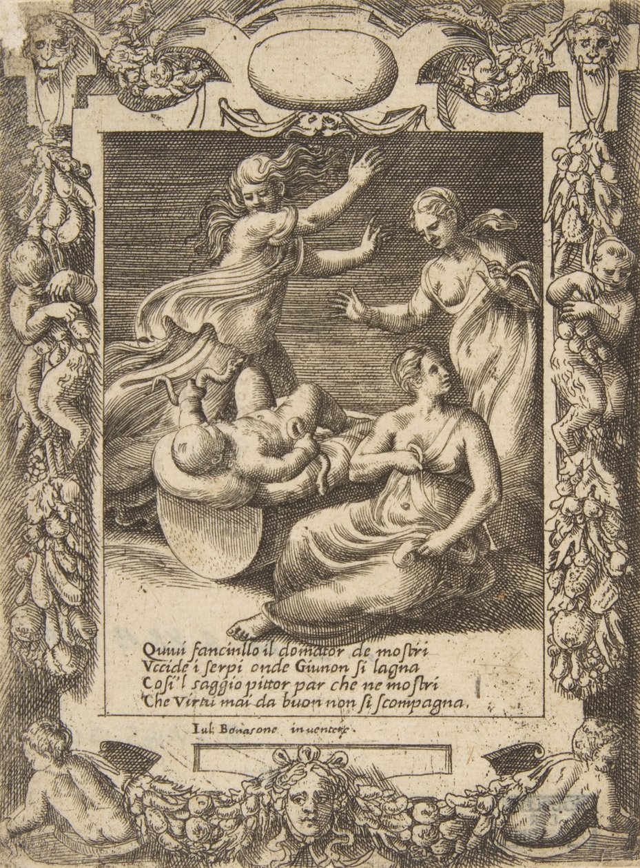 De jonge Hercules die de slangen doodt, binnen een sierlijk kader, uit de 