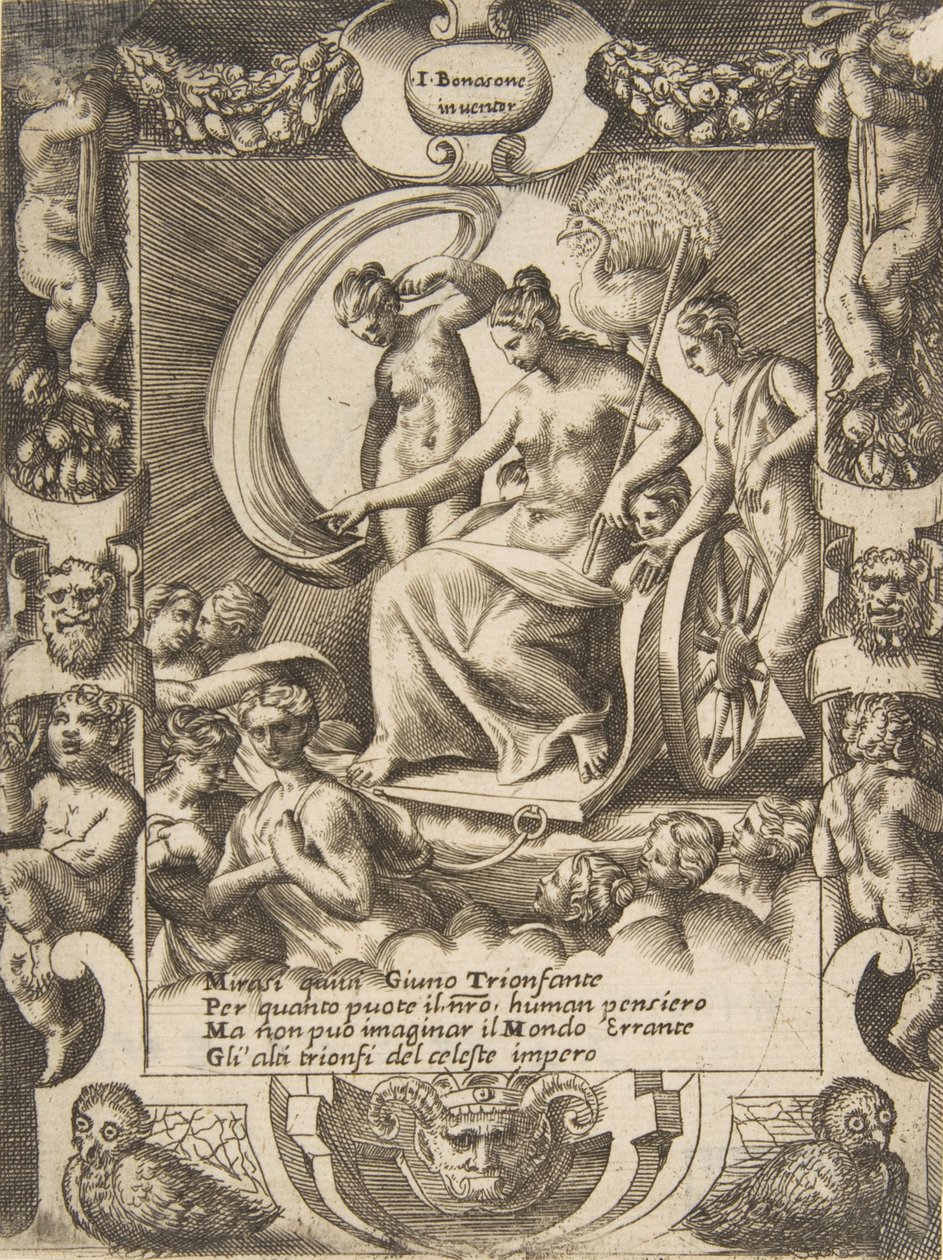De triomf van Juno die in een wagen zit, binnen een uitgebreide lijst, uit de serie, 1531-76 door Giulio Bonasone
