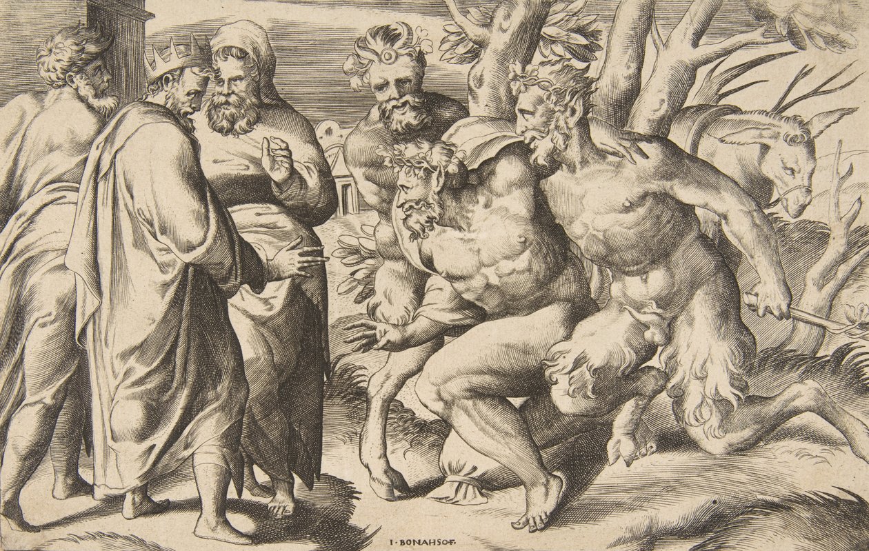Twee saters brengen Silenus Koning Midas staat links, 1531-76 door Giulio Bonasone